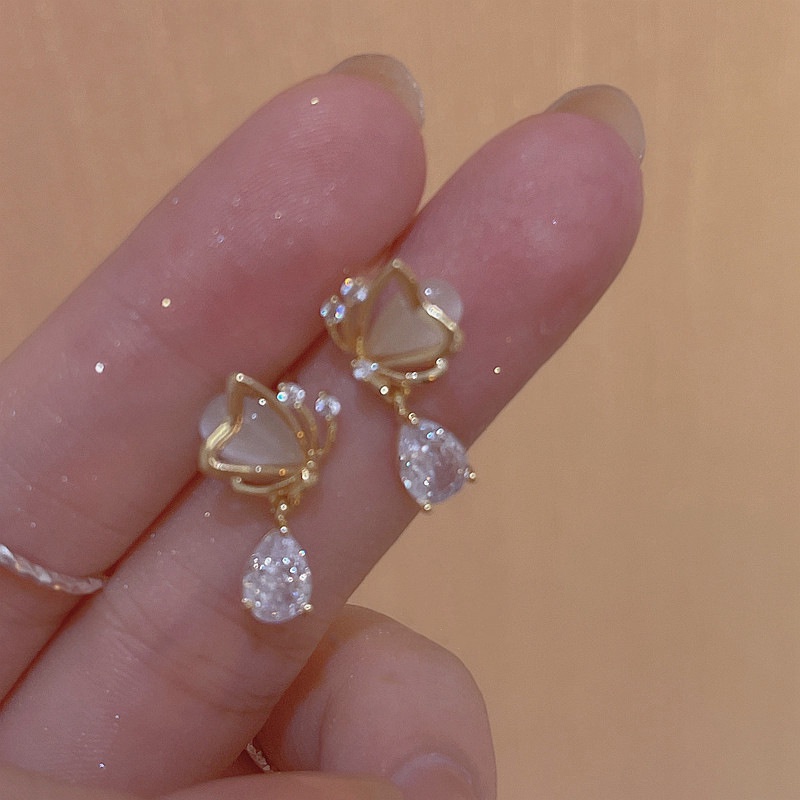 Bông Tai Mạ Bạc 925 Hình Giọt Nước/Bướm Đính Đá Đơn Giản Thời Trang Hàn Quốc
