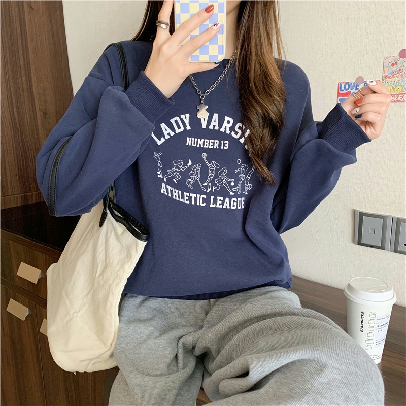 SUXI Áo Sweater Mỏng Cổ Tròn Tay Dài Dáng Rộng In Chữ Thời Trang Cho Nữ