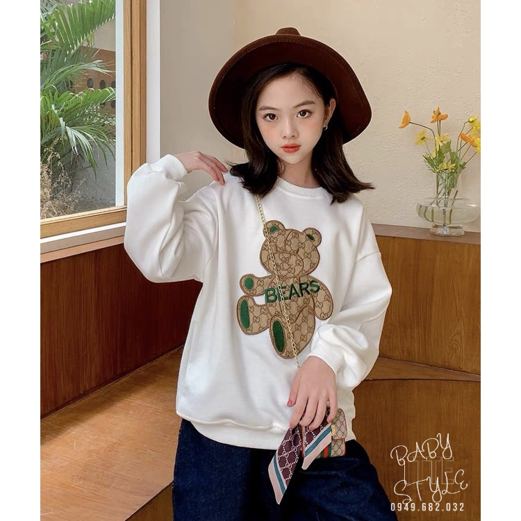 Áo thu đông bé gái &quot;BEAR&quot; 14-45kg, áo sweater dài tay cổ tròn 4-14 tuổi, gấu thêu đáp nổi xinh xắn. G47