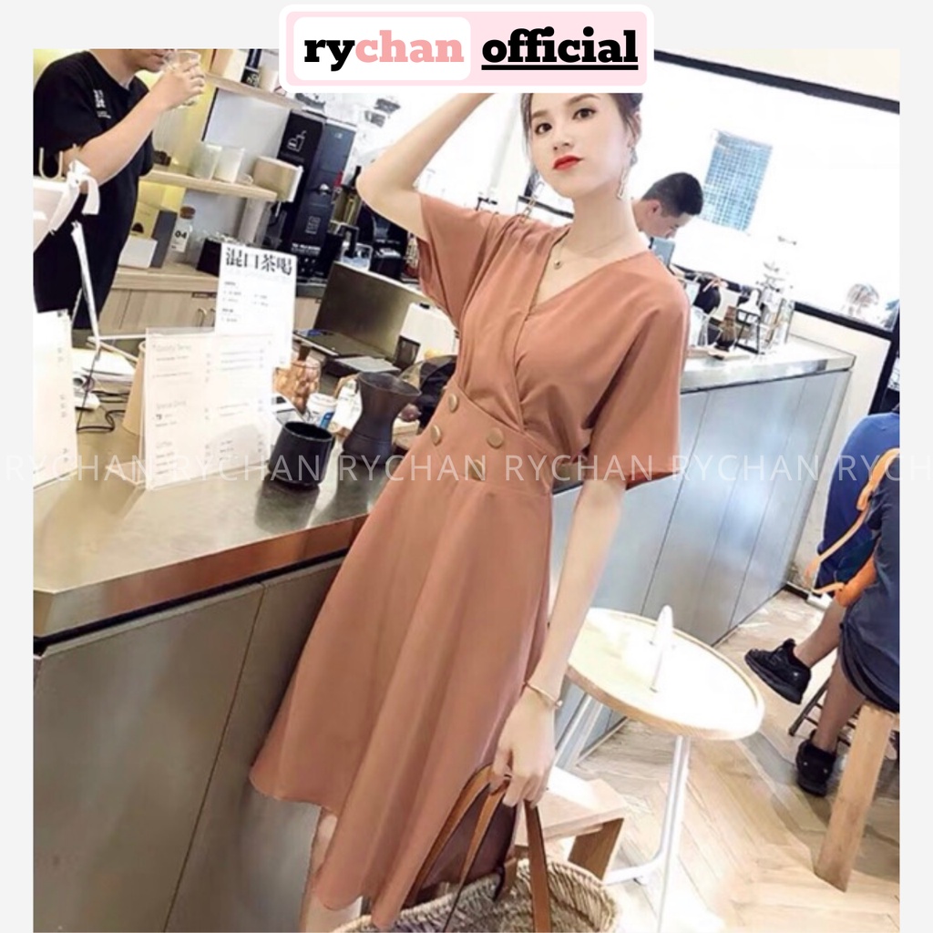 Đầm Công Sở 4 Nút Cổ V Tay Ngắn Form Xòe Thanh Lịch Dạo Phố Màu Nude [ẢNH THẬT CUỐI] - DX9766