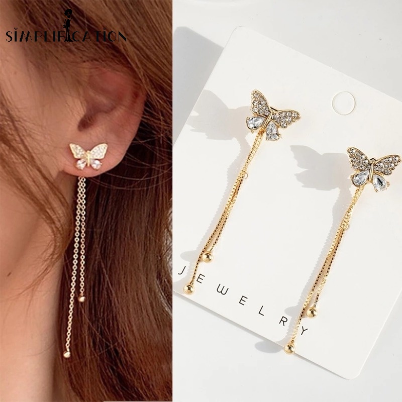 1 Đôi Bông Tai Dáng Dài Hình Bướm Đính Đá Pha Lê Lấp Lánh Sang Trọng