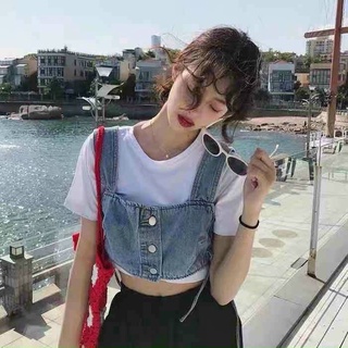 Set áo phông croptop yếm jean đan dây