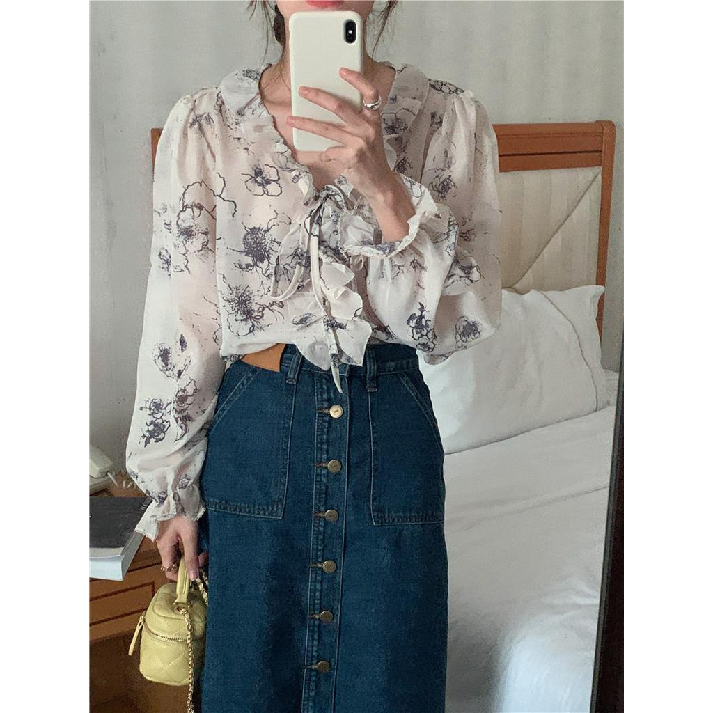 Áo Sơ Mi Voan Dài Tay In Họa Tiết Thanh Lịch Theo Phong Cách Xuân Hè 56004