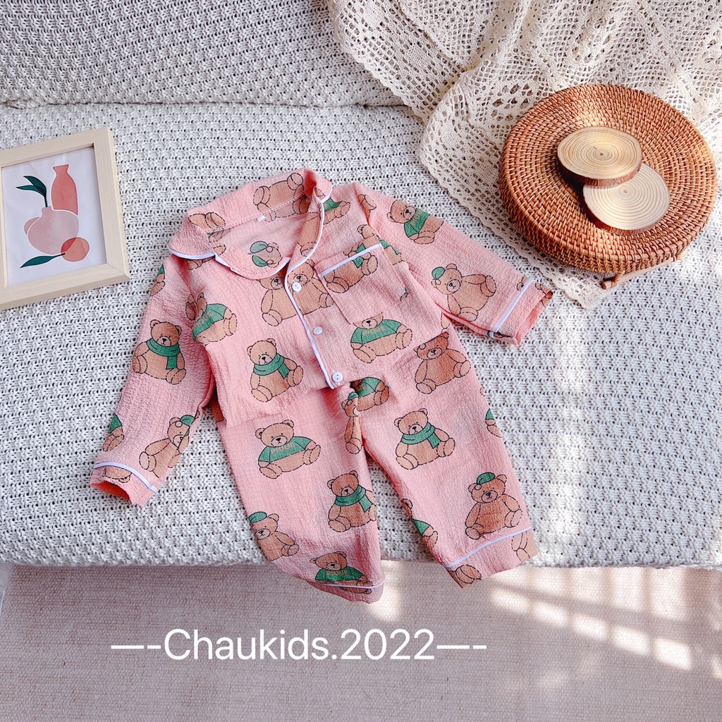 [SALE] Pyjama Bé Gái Vải Thô Xốp Gấu Bear, Bộ Đồ Cho Bé Mặc Nhà Thu Đông CKTD08