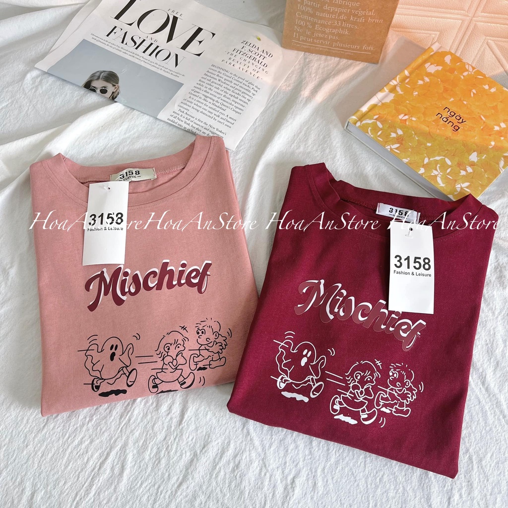 Áo thun nữ Unisex 3158 Qc chữ Mischief, Chất vải xịn đẹp ảnh thật shop chụp tại shop áo from rộng