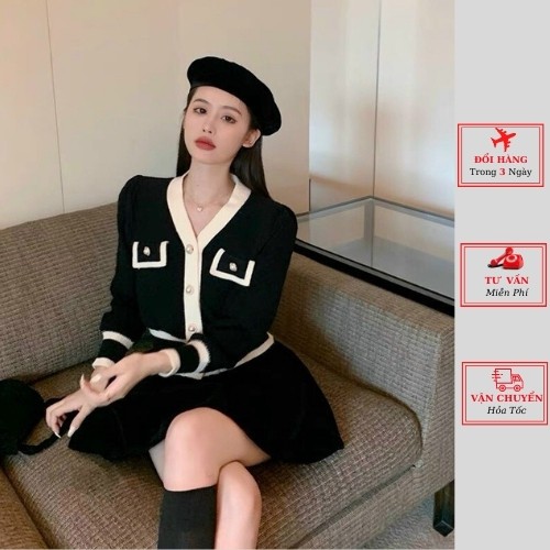 Áo Cardigan Dệt Kim Tay Dài Cổ Chữ V Cúc Ngọc Màu Đen Trắng Phong Cách Hàn Quốc thời trang nữ yolo fashion