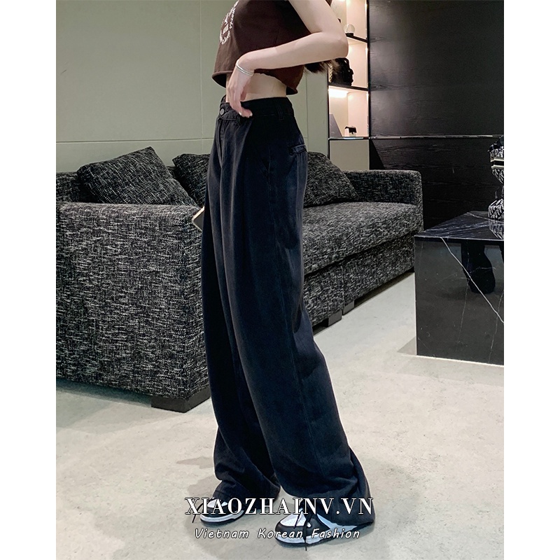 Quần jean XIAOZHAINV ống rộng lưng cao màu xám khói thời trang mùa hè cho nữ