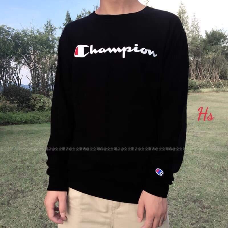 áo nỉ dài tay cho nam nữ, áo sweater champi có lô gô tay áo