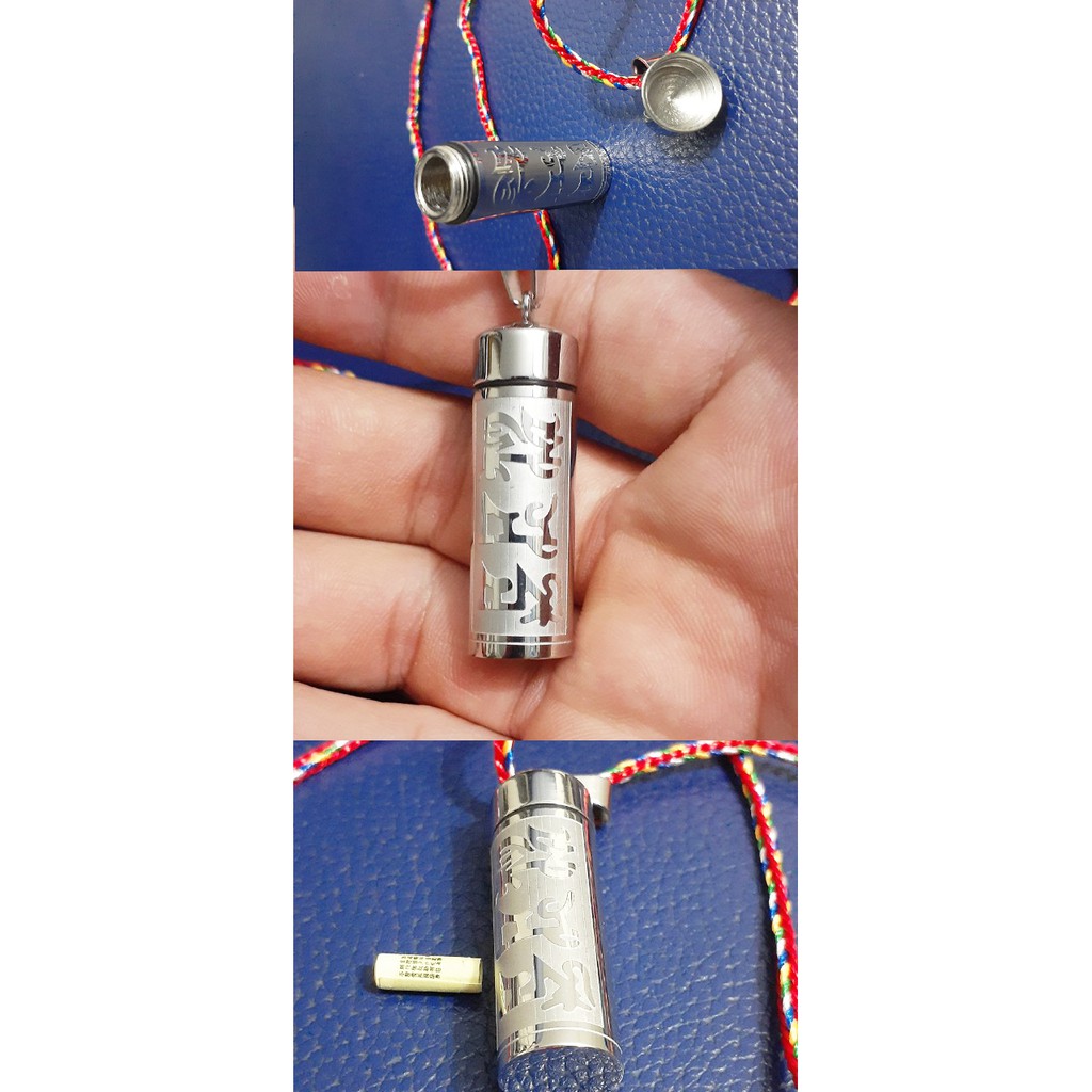 (Tặng kinh bình an) Mặt Dây chuyền inox hình trụ rỗng đựng kính chú có ron chống thấm nước + dây ngũ sắc may mắn