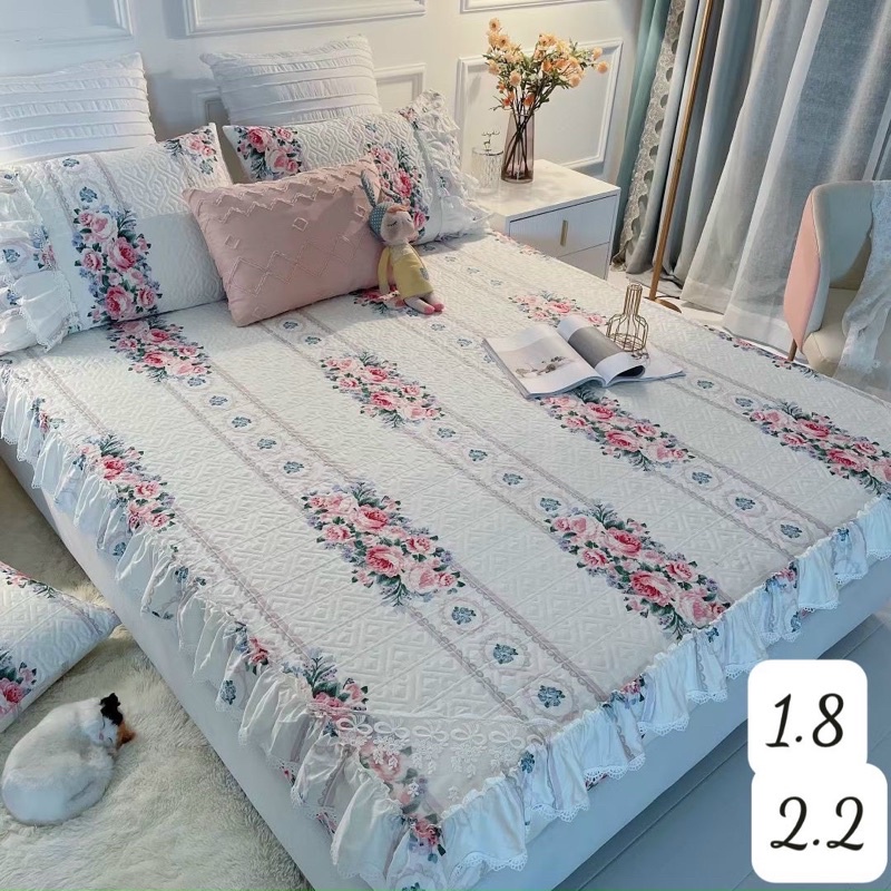 Bộ thảm ga giường kèm 2 vỏ gối cotton phối bèo công chúa siêu xinh, mẫu mới nhất 2022 đủ kích thước