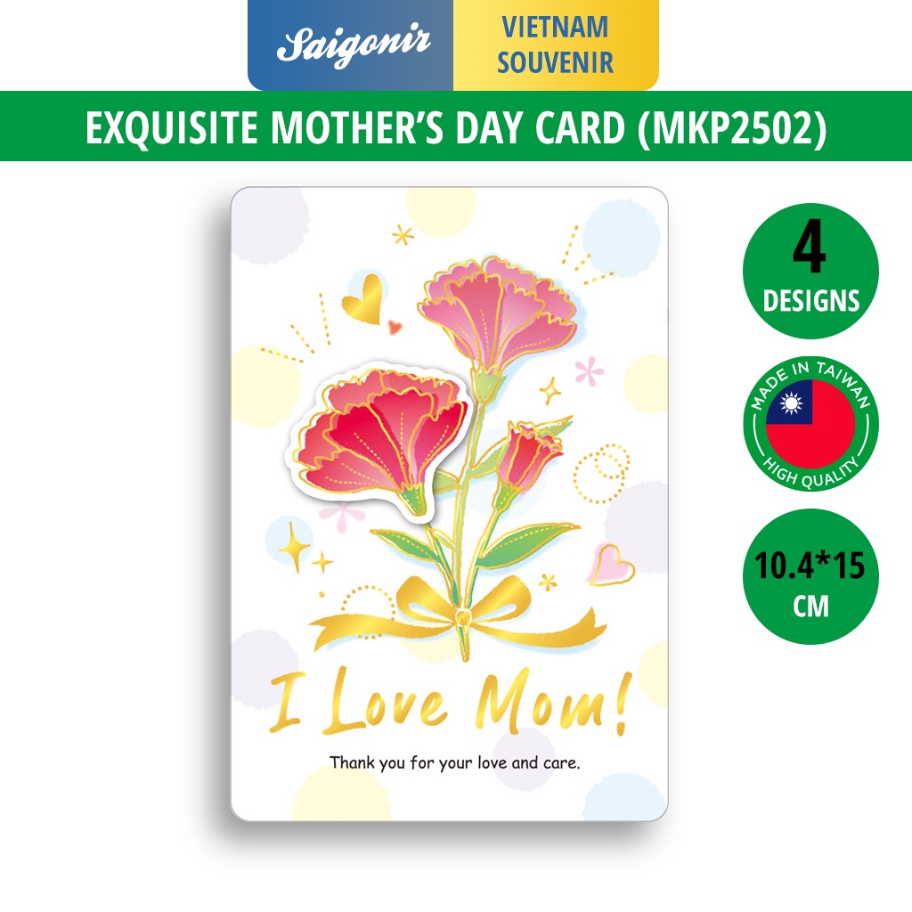 Thiệp giấy Ngày của Mẹ Mother Day Card Cao Cấp Nhập Từ Đài Loan MKP2502 Chữ Nhũ Vàng và Họa tiết Xinh xắn 10.4x15cm