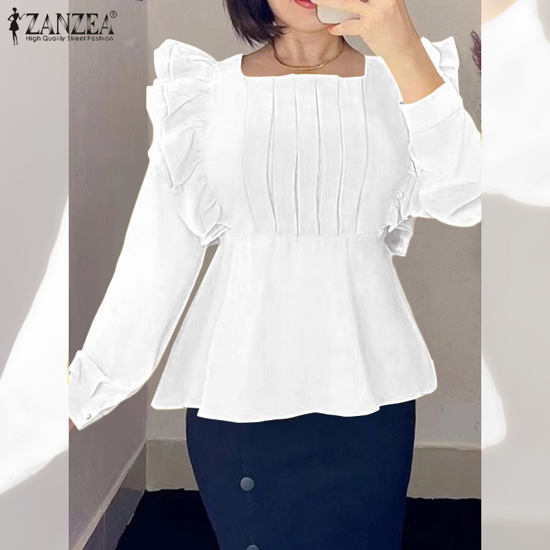 Áo ZANZEA cổ vuông màu trơn phối bèo thời trang Châu Âu cho phái nữ