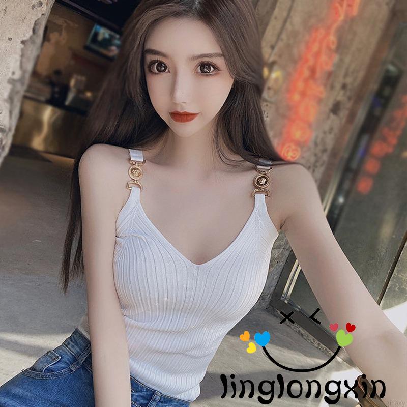 Linglongxi2-Women´s Tank Tops Rib Knit V-Neck Metal Chain Sling Design Slim Fit Breathable Versatile Streetwear Tops