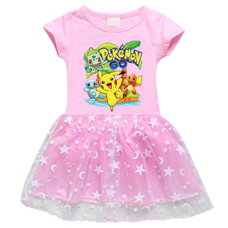 Đầm Công Chúa Mùa Hè Tay Cộc In Pettiskirt 3D Bằng Vải Gạc In Hoạt Hình Mặt Trăng Ngôi Sao Cho Bé Gái
