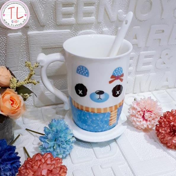 Ly sứ hình bé mèo xinh xắn có nắp đậy và muỗng - Ly uống cà phê - Cốc uống cà phê - Ly uống nước