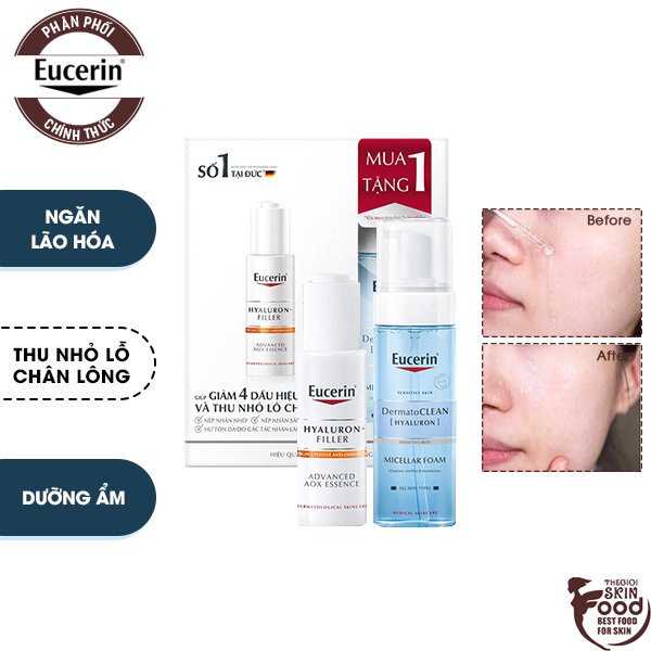 [2 Items] Bộ Dưỡng Giảm 4 Dấu Hiệu Lão Hóa &amp; Thu Nhỏ Lỗ Chân Lông Set Eucerin Hyaluron-Filler+Dermatoclean Micellar Foam