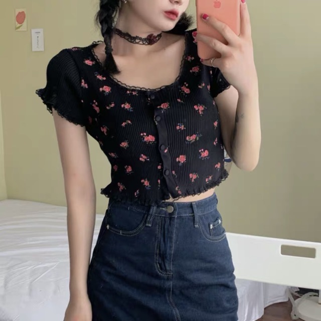 Áo croptop len hoa nhí cúc ngực viền ren tay 3782-2 Ulzzang style  Hàng Quảng Châu
