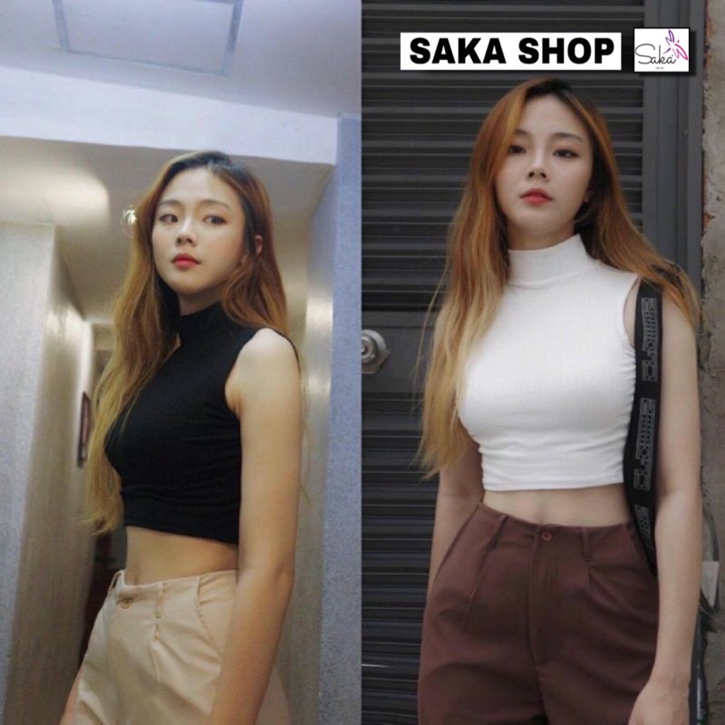 Áo thun croptop sát nách trơn nữ cổ trụ màu đen trắng phong cách ulzzang