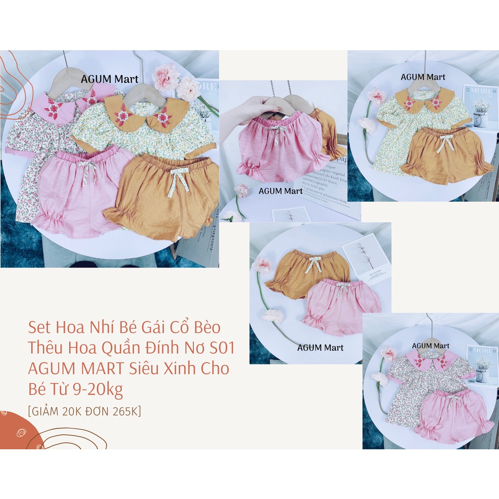 Set Bộ Hoa Nhí Bé Gái Cổ Bèo Thêu Hoa Quần Đính Nơ S01 AGUM MART Siêu Xinh Cho Bé Từ 9-20kg