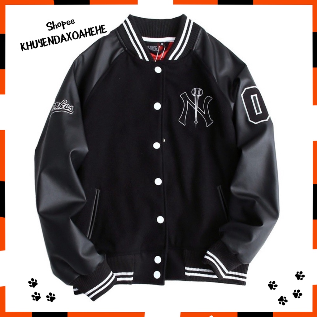 AK003 Áo khoác đen tay bo Yankee New York nam nữ bóng chày form rộng, áo  bomber unisex NY thể thao tay da cúc bấm cute