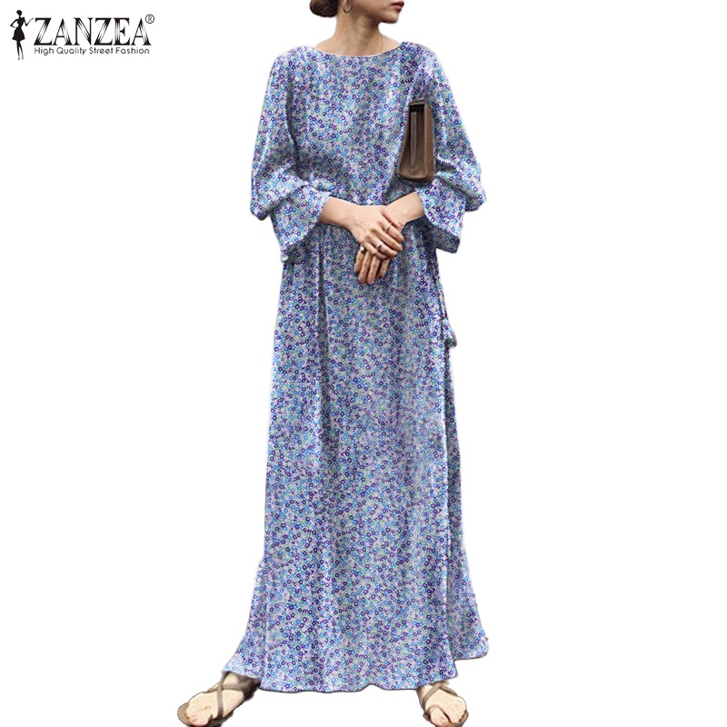 Đầm maxi Zanzea dài tay ống loe xẻ tà phong cách vintage thời trang cho nữ