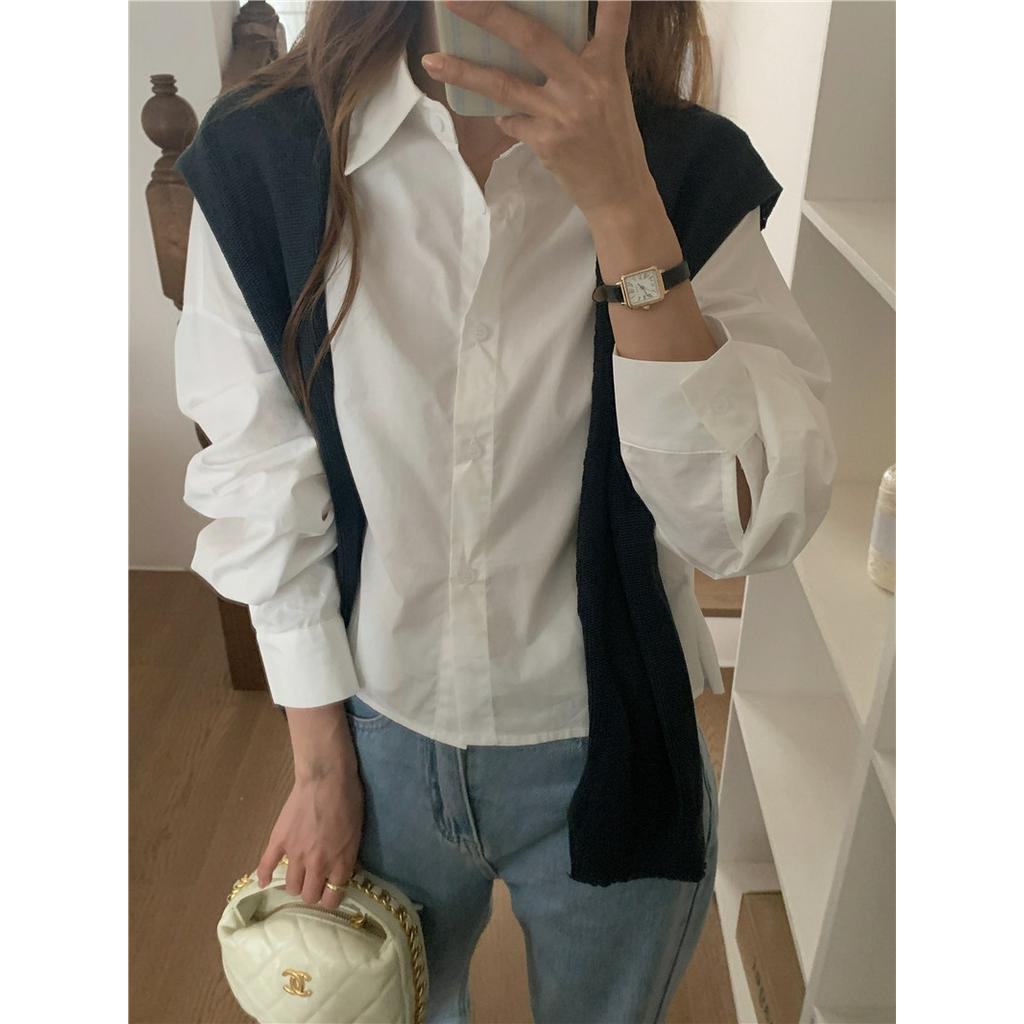 Áo Sơ Mi Cổ polo Dáng Ngắn Dài Tay Phối Khăn Choàng Phong Cách Hàn Quốc Đơn Giản 62137