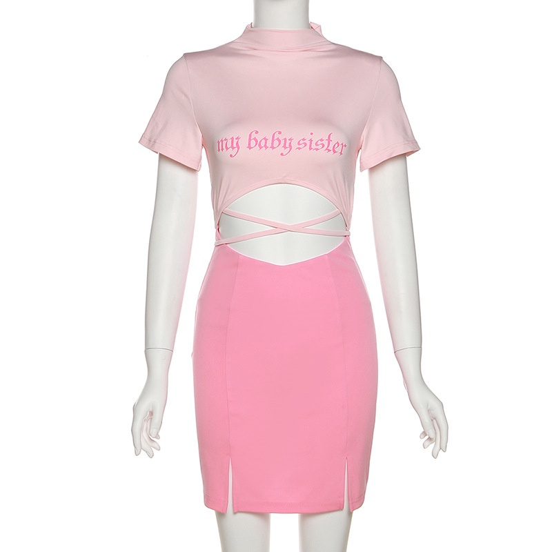 Đầm Tay Ngắn Cổ Cao Xẻ Tà In Chữ Thời Trang Cá Tính Cho Nữ