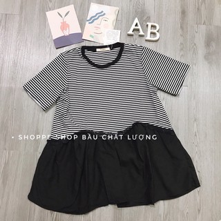 Áo cộc bầu kẻ dáng xoè ảnh thật tự chụp