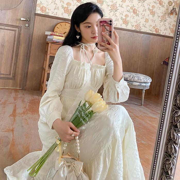 Đầm tay dài cổ vuông phối dây buộc phong cách retro Pháp thời trang mùa thu hàng mới dành cho bạn nữ