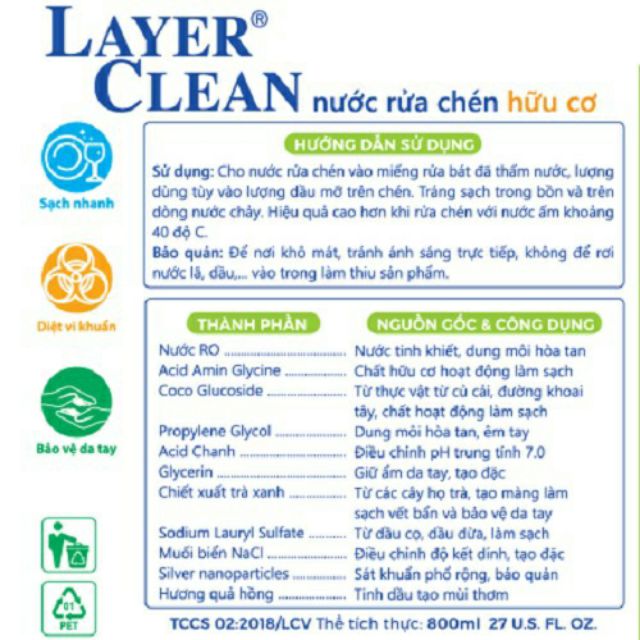 Combo 3 chai nước rửa bát hữu cơ Layer Clean 800ml hương hồng+ quế+ quýt