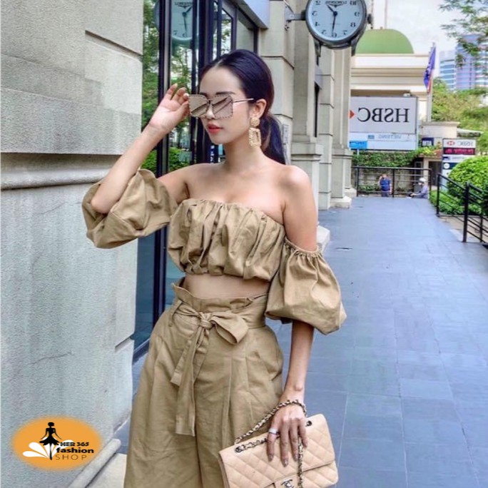 Set trang phục hở vai croptop kết hợp quần lửng màu be siêu sexy nữ tính, chất vải nhẹ không bai không xù