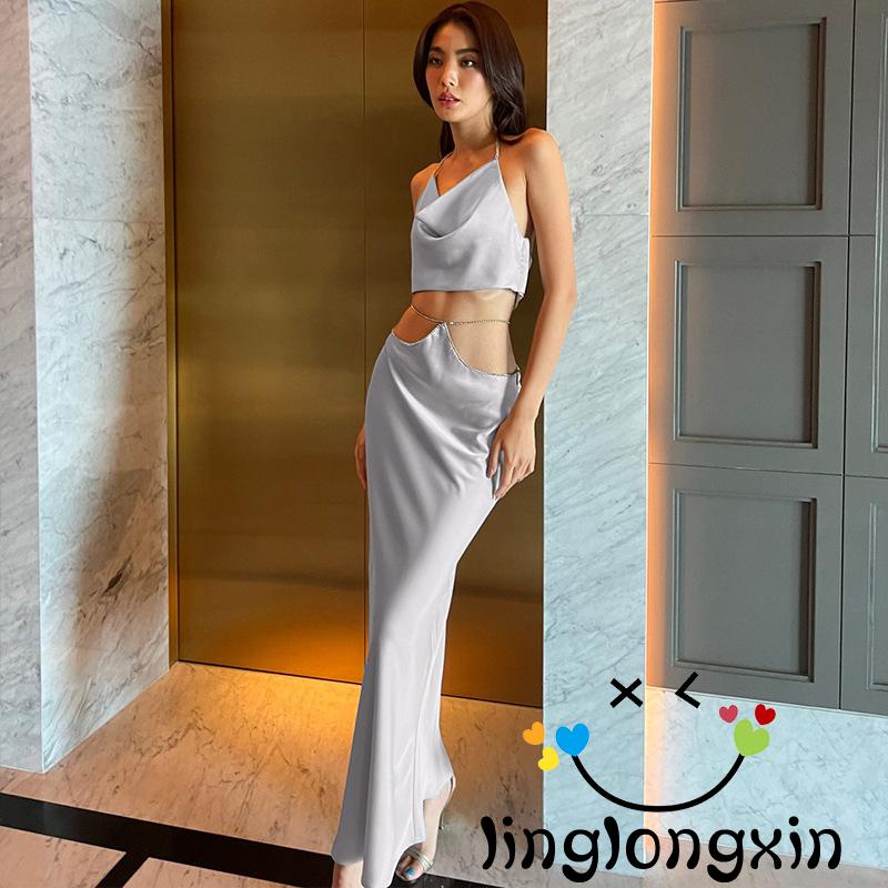 Bộ Đồ 2 Món Gồm Áo Hai Dây Không Tay Và Chân Váy Dài Eo Cao Đính Đá Lấp Lánh Dành Cho Nữ Dự Tiệc