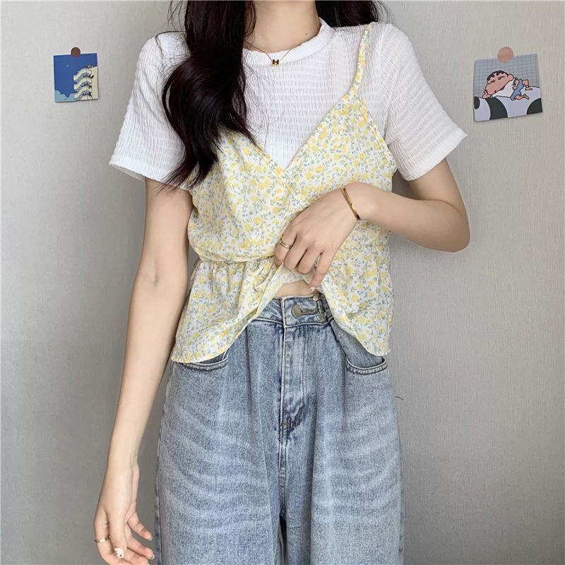 Áo kiểu SUXI giả hai lớp tay ngắn cổ tròn dáng rộng in họa tiết hoa phong cách Hàn Quốc mùa hè năng động cho nữ