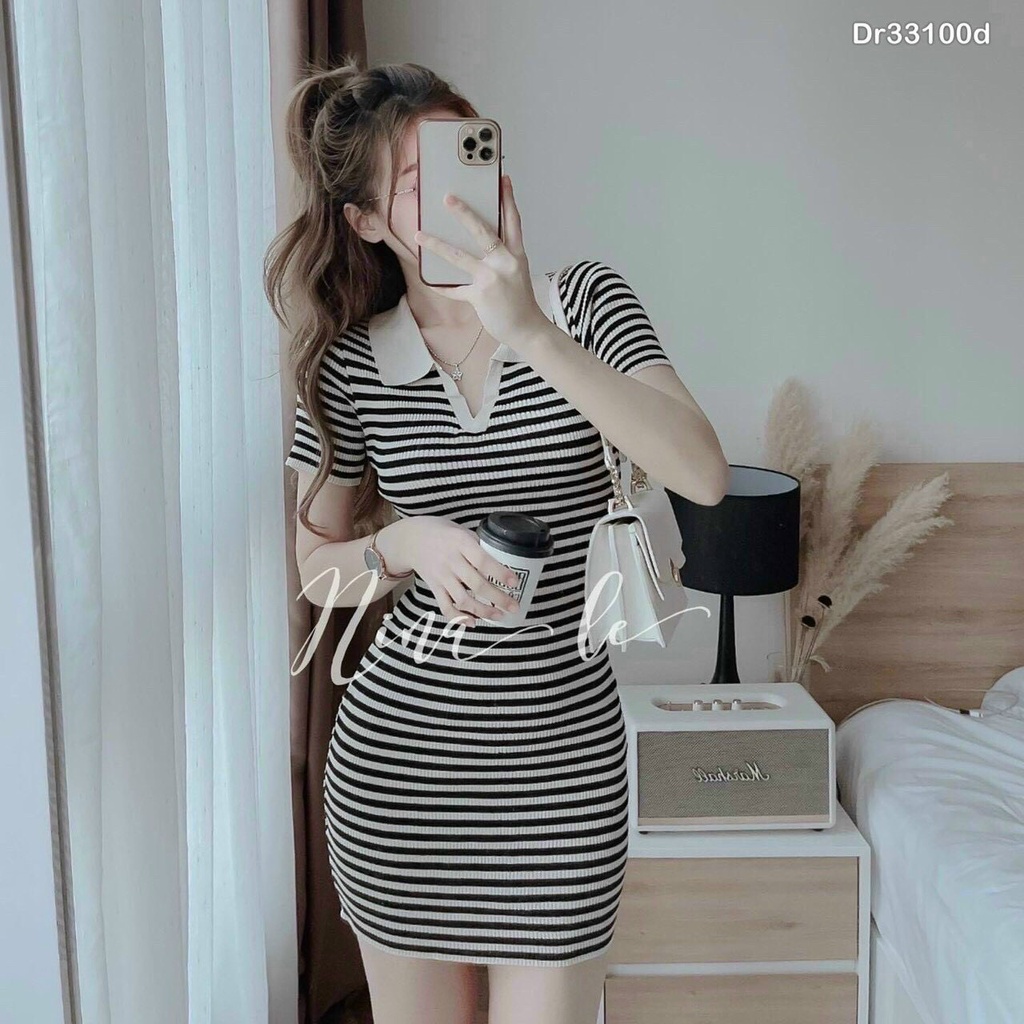 Váy đầm nữ cổ sơ mi dáng ôm họa tiết kẻ sọc