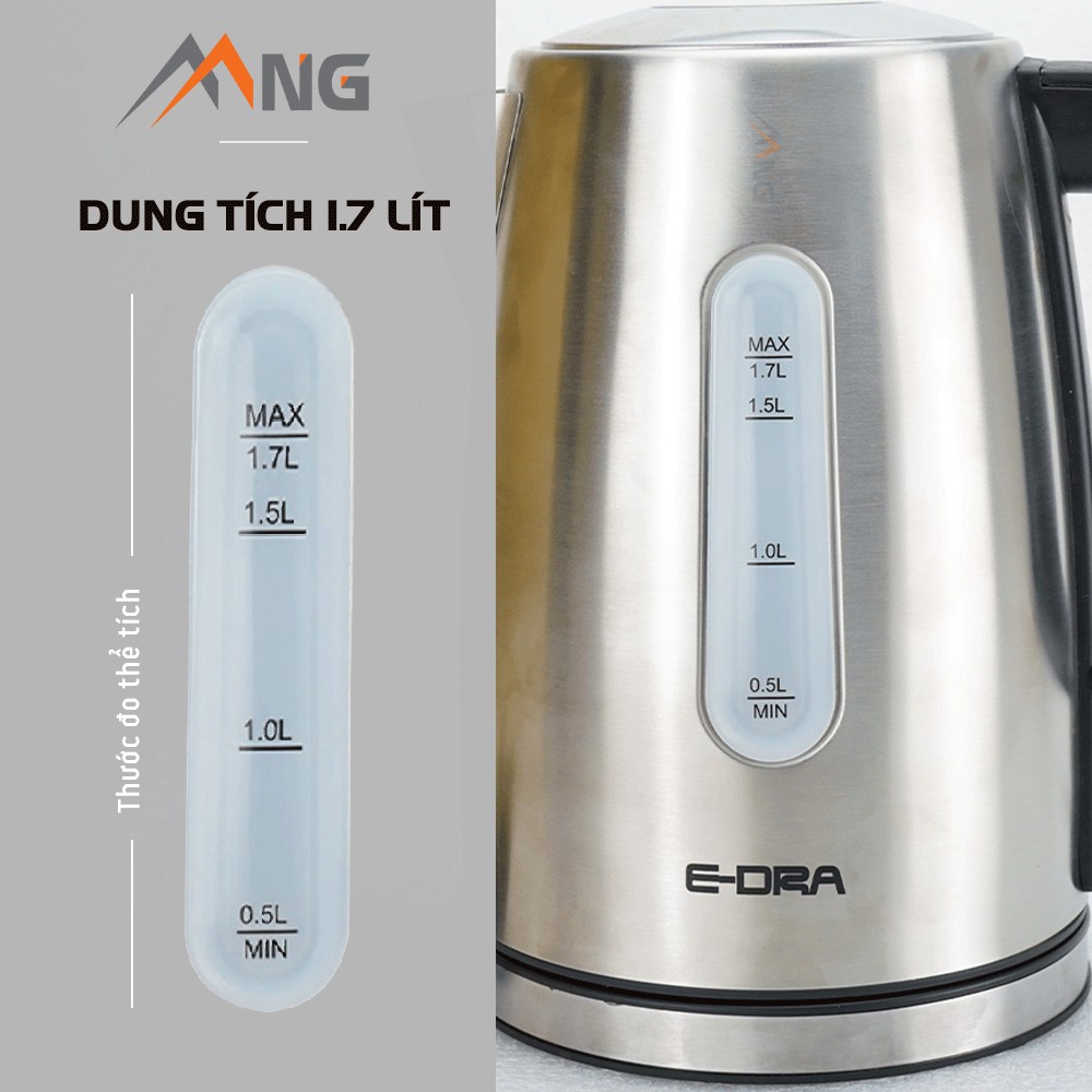 Ấm đun nước siêu tốc inox EDra - EK1703 dung tích 1,7 lít tự động tắt khi sôi thép không gỉ có đèn báo đế xoay không dây