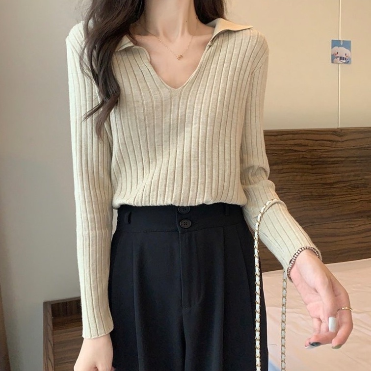 Áo Dệt Kim Nữ Dài Tay Cổ Chữ v Sọc Ngang Thời Trang