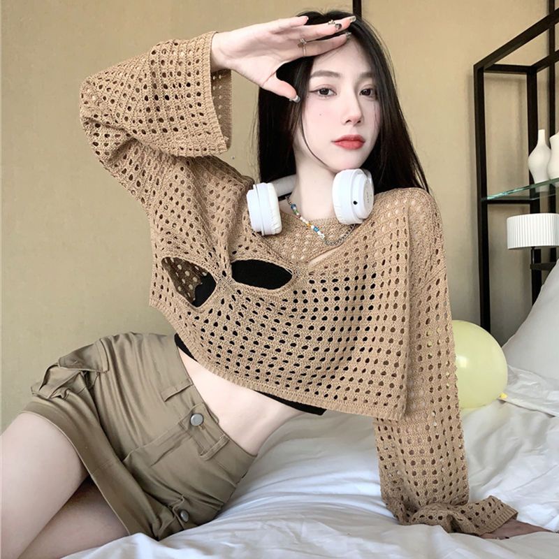 Áo Sweater Dệt Kim Tay Dài Thiết Kế Khoét Lỗ Dáng Ngắn Thời Trang Trẻ Trung