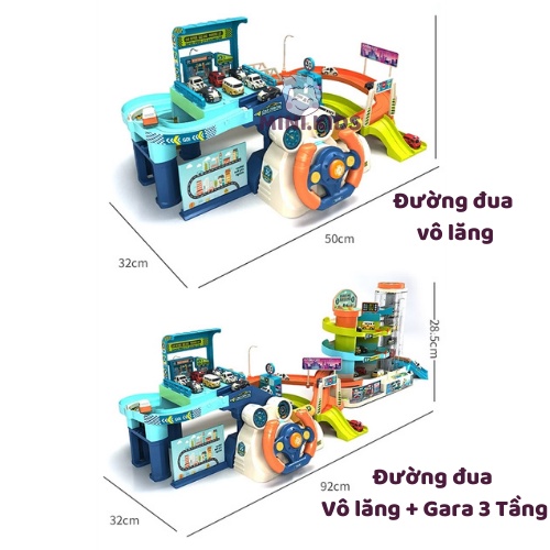 Đồ Chơi Đường Đua Ô Tô Vô Lăng Kết Hợp Garage Đỗ Xe 3 Tầng Tự Động Có Nhạc