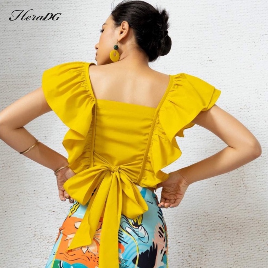 Áo Croptop Nữ HeraDG Thiết Kế Cổ Bèo Cách Điệu, Chất Liệu Vải Thô Poplin Cao Cấp, Thoáng Mát SAKBB2068 | BigBuy360 - bigbuy360.vn