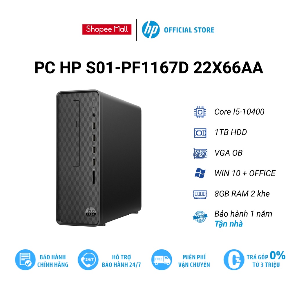 [ELMALL1TR giảm 5% max 1TR] PC HP S01-pF1167d (22X66AA) i5-10400 | 8GB RAM | 1TB HDD | DVDRW | WL+BT | K+M