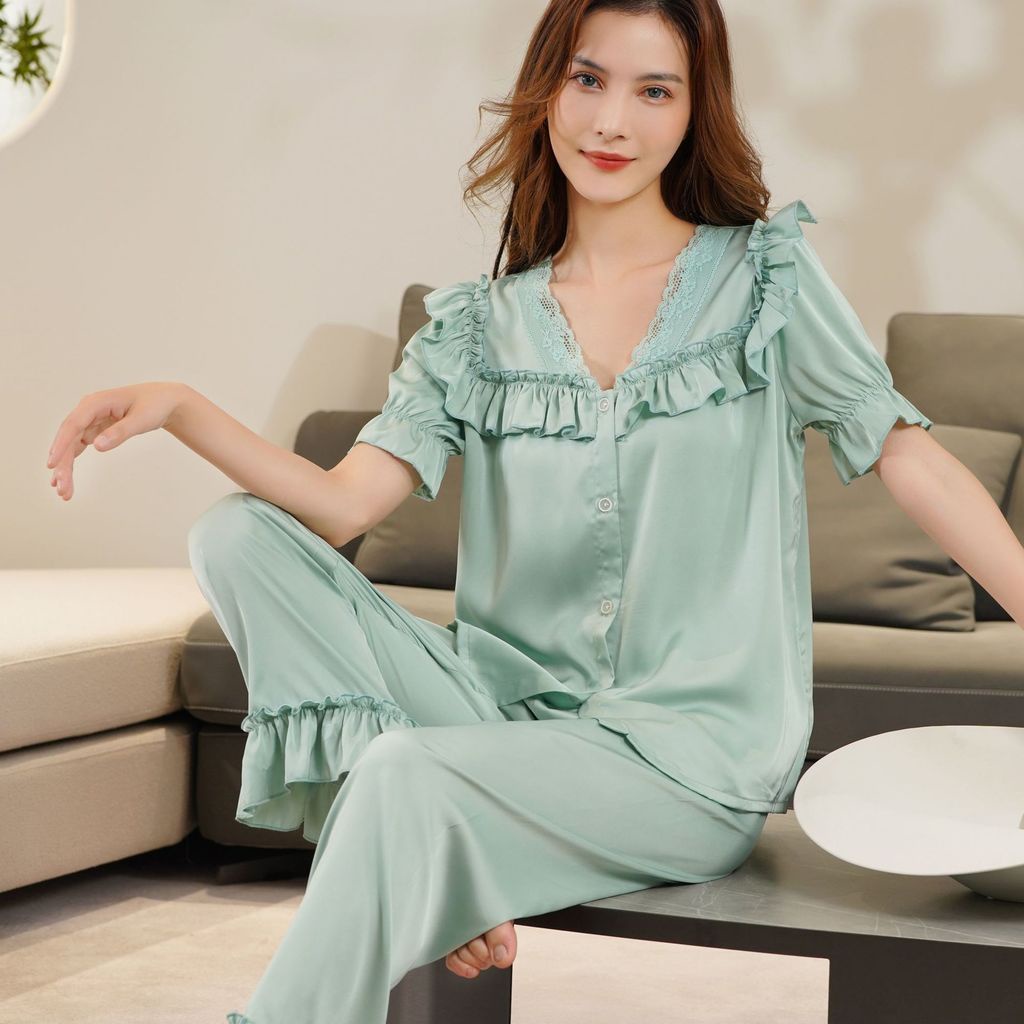 Bộ Đồ Ngủ Pijama Ngắn Tay Cổ Búp Bê Bằng Lụa Mát Phong Cách Công Chúa Dành Cho Nữ