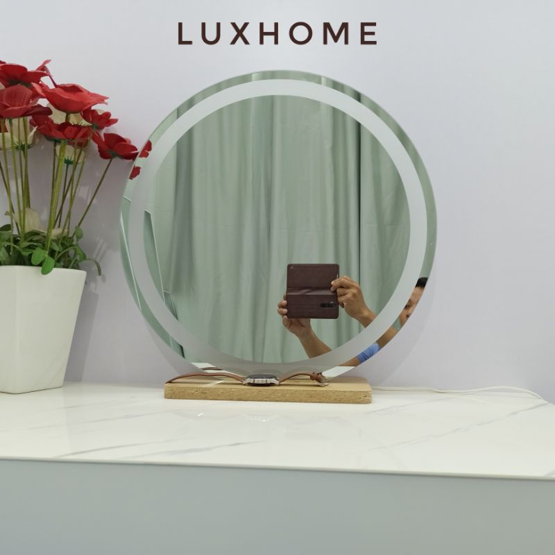 Gương Để Bàn LED Tròn Fi 40cm Chân Gỗ LUXHOME