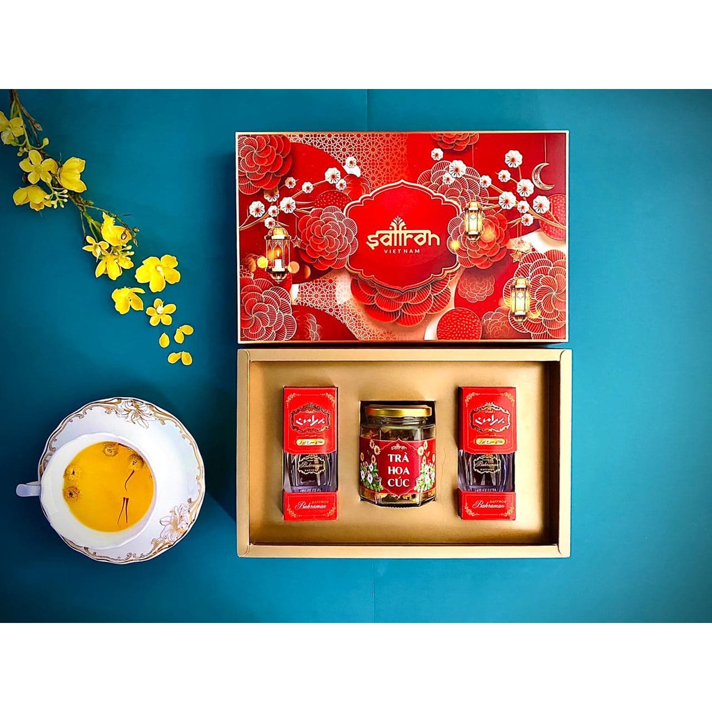 [Set quà Tết] Nhụy Hoa Nghệ Tây Saffron Bahraman 1Gr x2 hộp kèm quà tặng trà hoa cúc mật