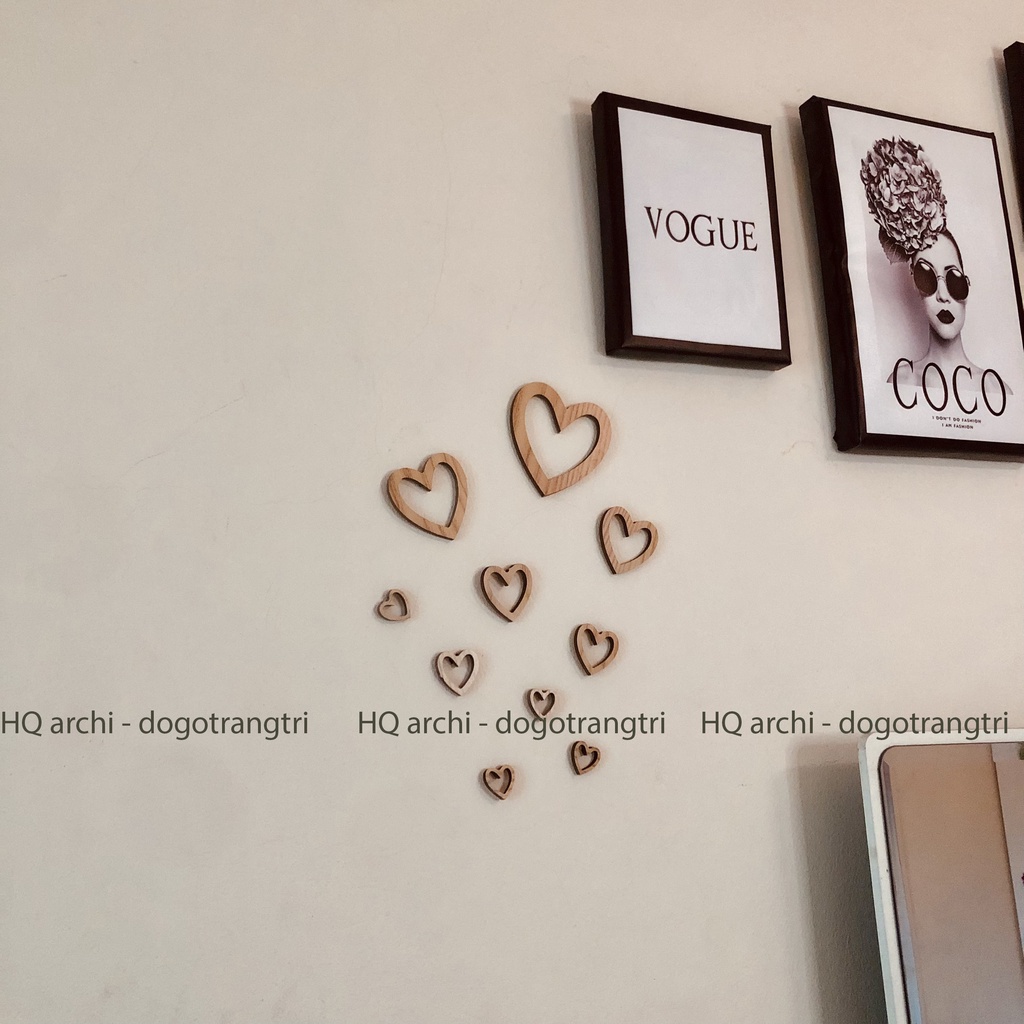 Set 10 Trái Tim bằng gỗ nhiều kích thước dán tường trang trí nhà cửa, làm phông nền chup ảnh sản phẩm