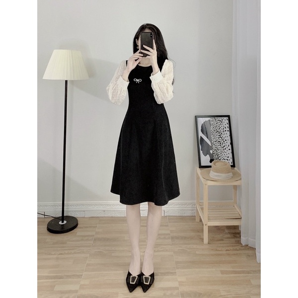 Đầm nhung phối tay tơ