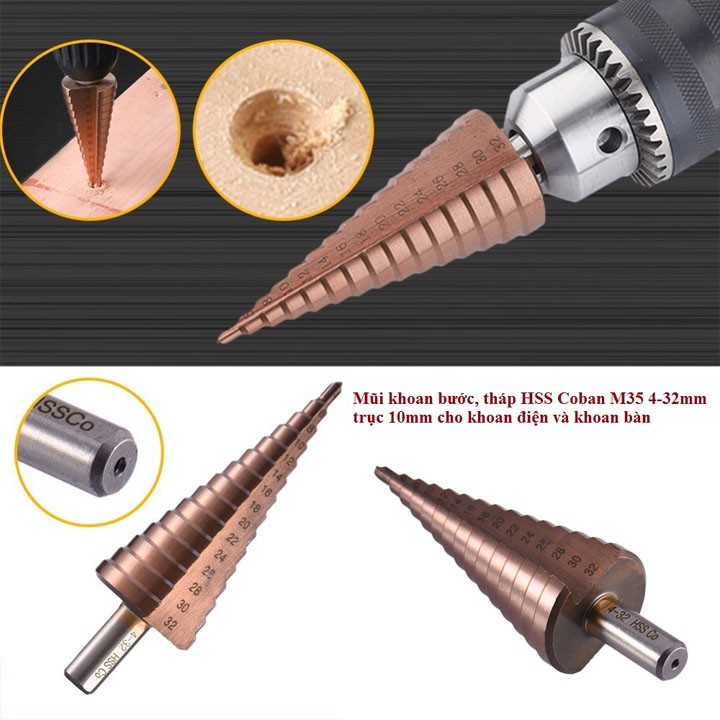 Mũi khoan bước tháp HSS COBAN M35 4-32mm khoan inox,sắt,thép trục 10mm