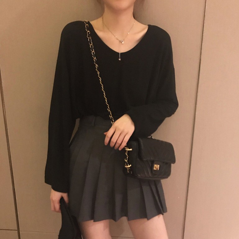 WANG JIAO ZHAN Áo Thun Tay Dài Cổ Chữ V Dáng Rộng Màu Trơn Thời Trang Mới