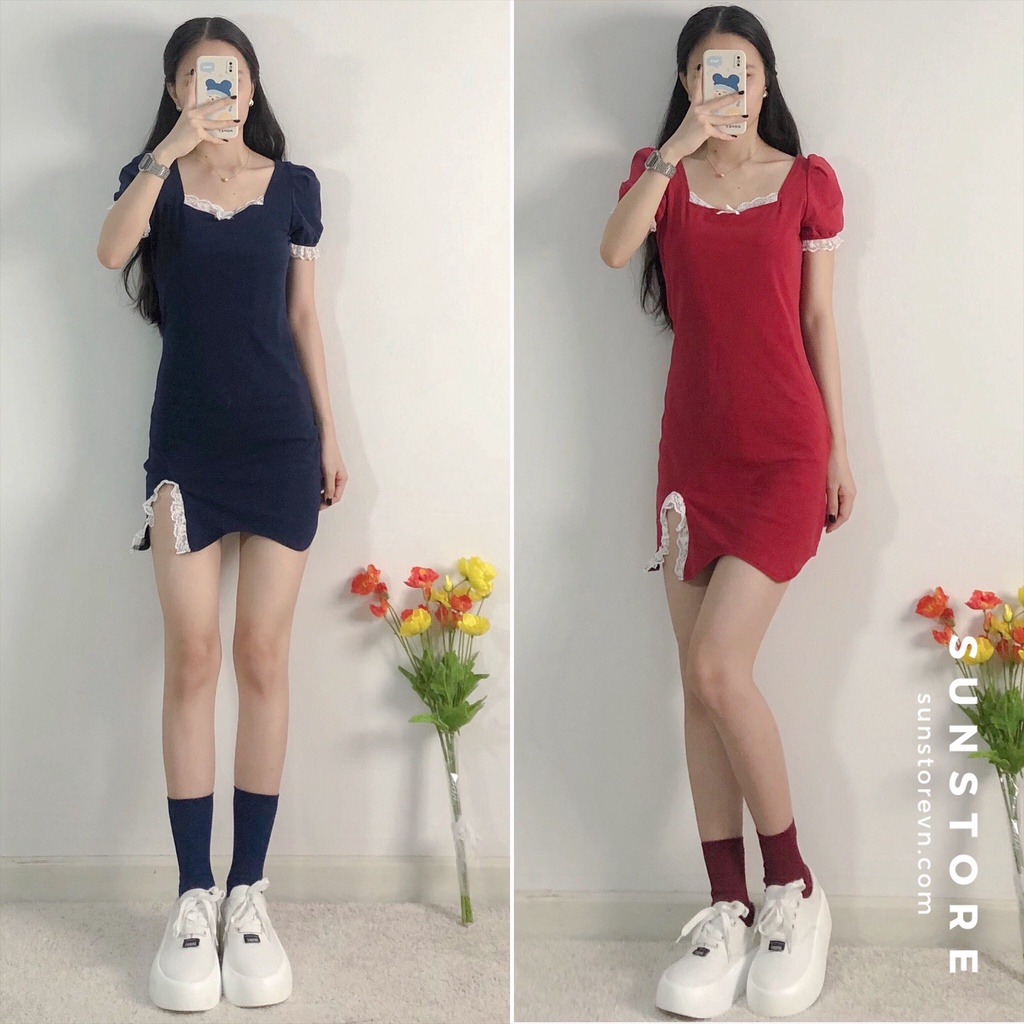 Đầm ôm body viền ren xẻ hông quyến rũ 2 màu đỏ và xanh