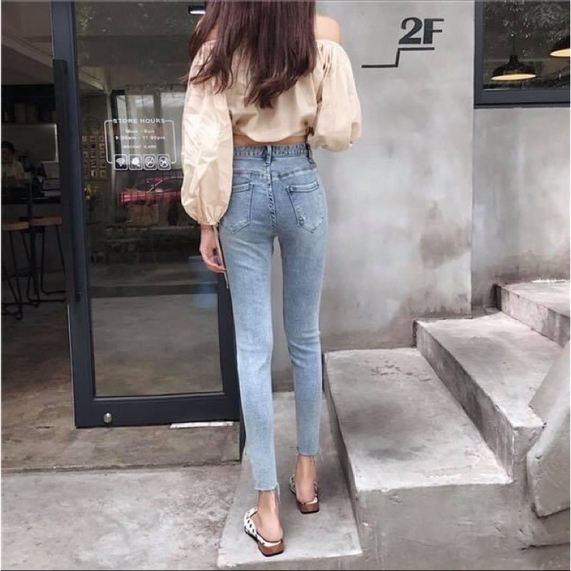 Quần jean nữ dài rách đùi ôm sát co giãn - Order taobao quảng châu