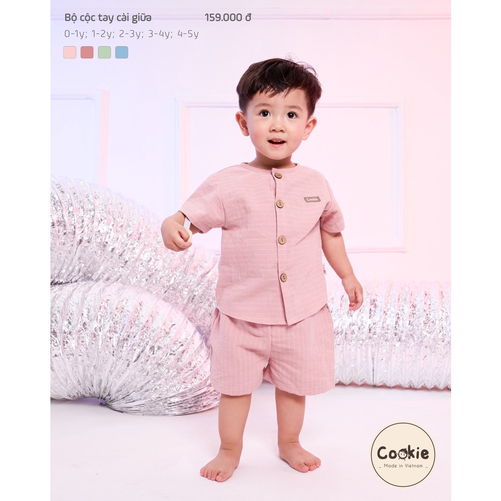 Bộ cộc tay cài giữa Cookie cho bé trai bé gái mùa hè mát mẻ cao cấp